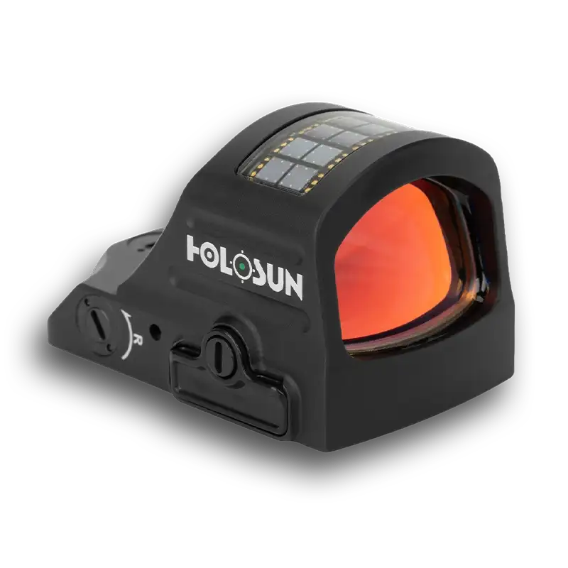 Holosun reflex red dot sight with red circle lens, solar panel top, black housing
