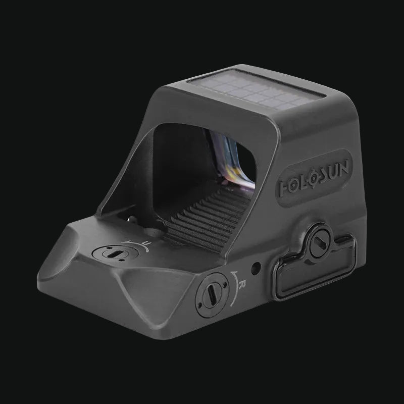 Holosun reflex red dot sight, side view with solar panel, control knobs on black body