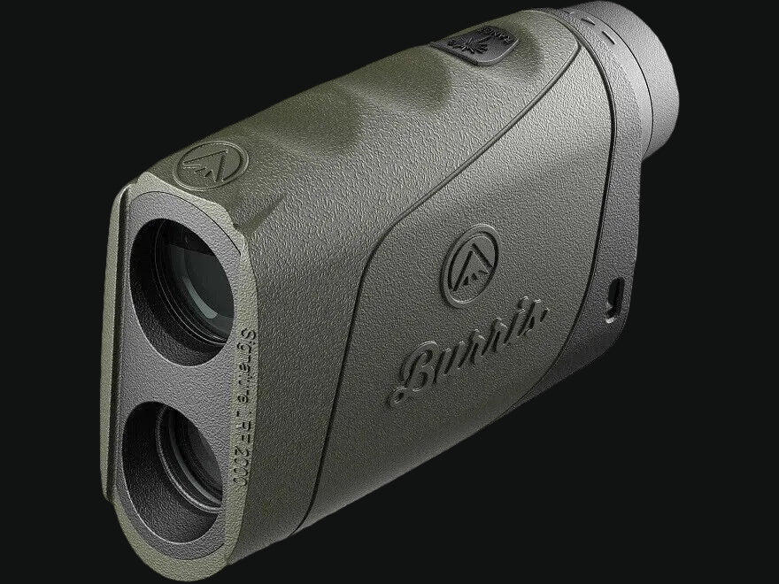 Handheld laser rangefinder with textured gray casing, dual lenses on left, Burris branding