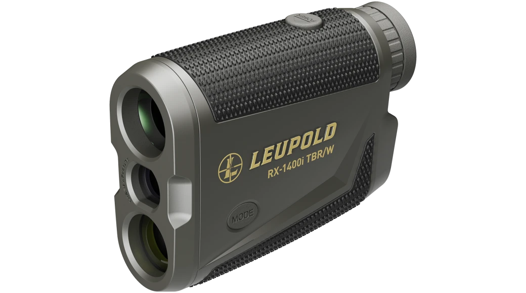 Leupold digital laser rangefinder, gray housing with dual front lenses and textured grip.
