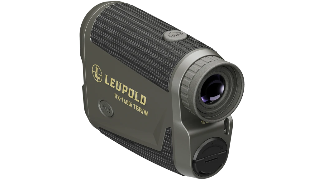 Leupold digital laser rangefinder with side lens, textured grip, and control dial.