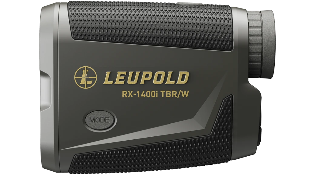 Leupold digital laser rangefinder, dark gray body with textured grip and MODE button.