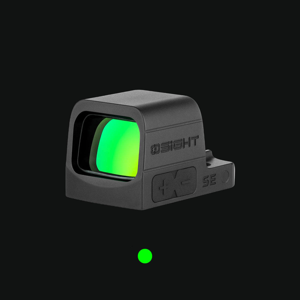 Enclosed green dot reflex sight with illuminated green reticle, dark gray body
