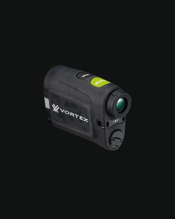 Vortex laser rangefinder, front-right view with green lens and black rugged housing