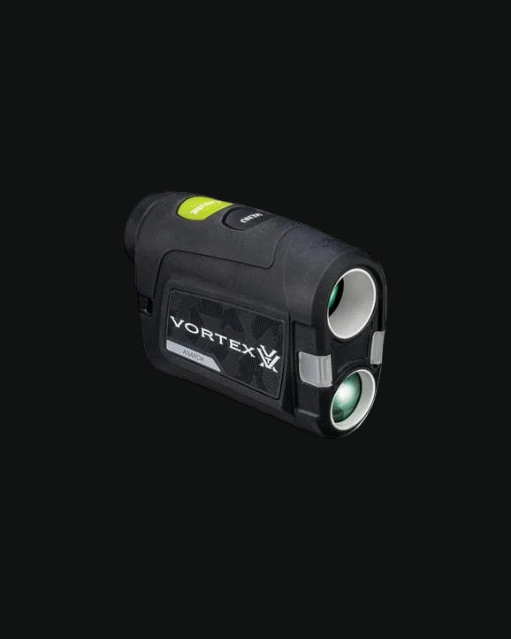 Vortex laser rangefinder, side view with green lens apertures and black grip casing