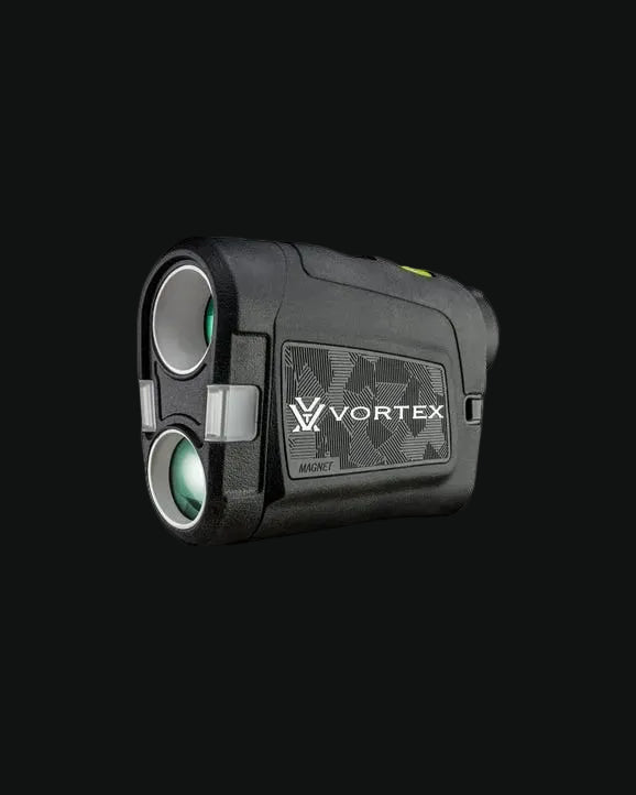 Vortex laser rangefinder with top green indicator and front screen panel on black body