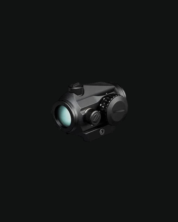 Red dot sight with mount, black housing, adjustable knobs and front lenses