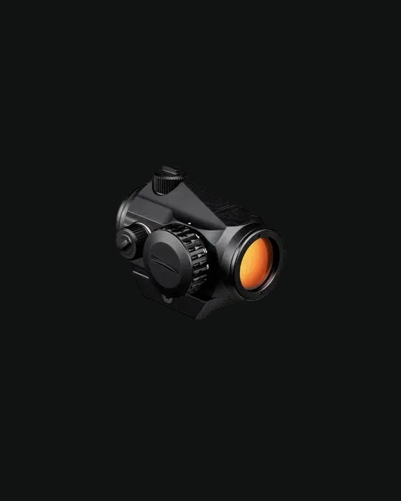 Red dot sight with mount, black housing, orange illuminated lens