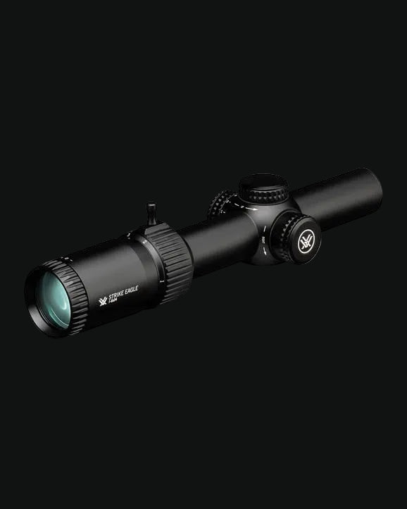 Matte black riflescope with capped turrets and front objective lens