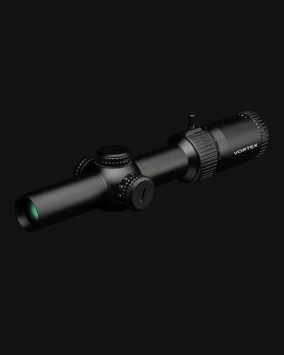 Black LPVO riflescope with rear turret cap and side adjustment knob