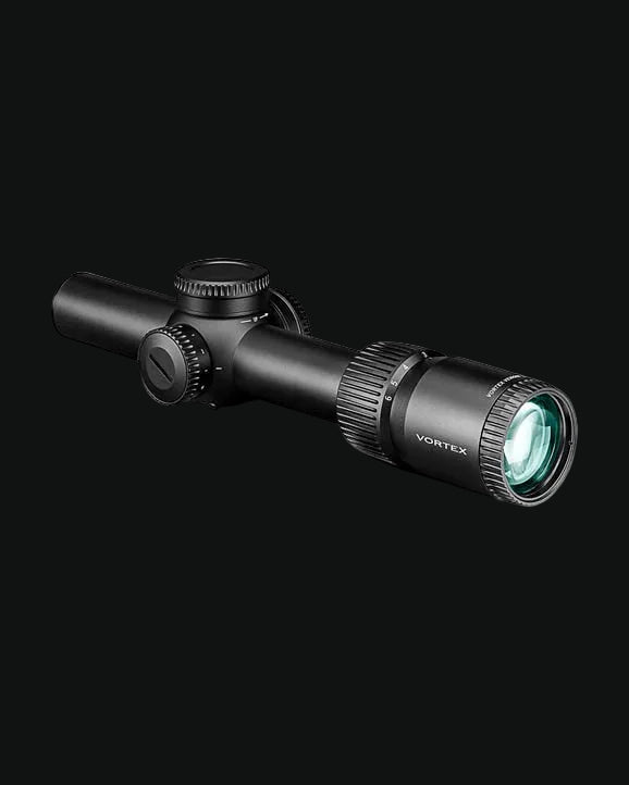 Vortex LPVO riflescope with exposed adjustment knobs and green objective lens