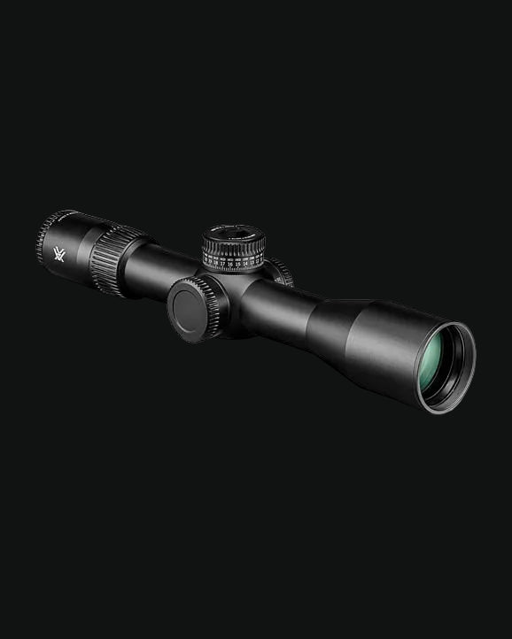 Riflescope with capped turrets and front objective lens, matte black finish