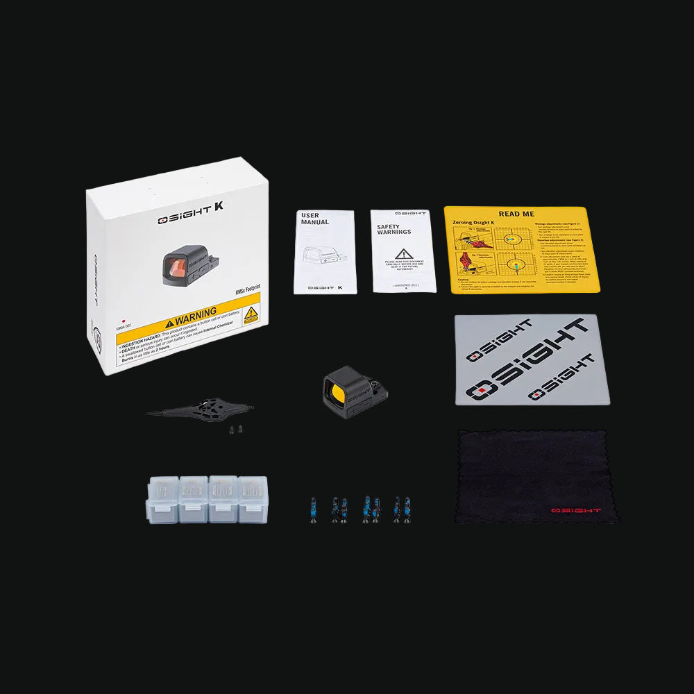 Red dot sight kit with retail box, instruction cards, accessories and protective pouch