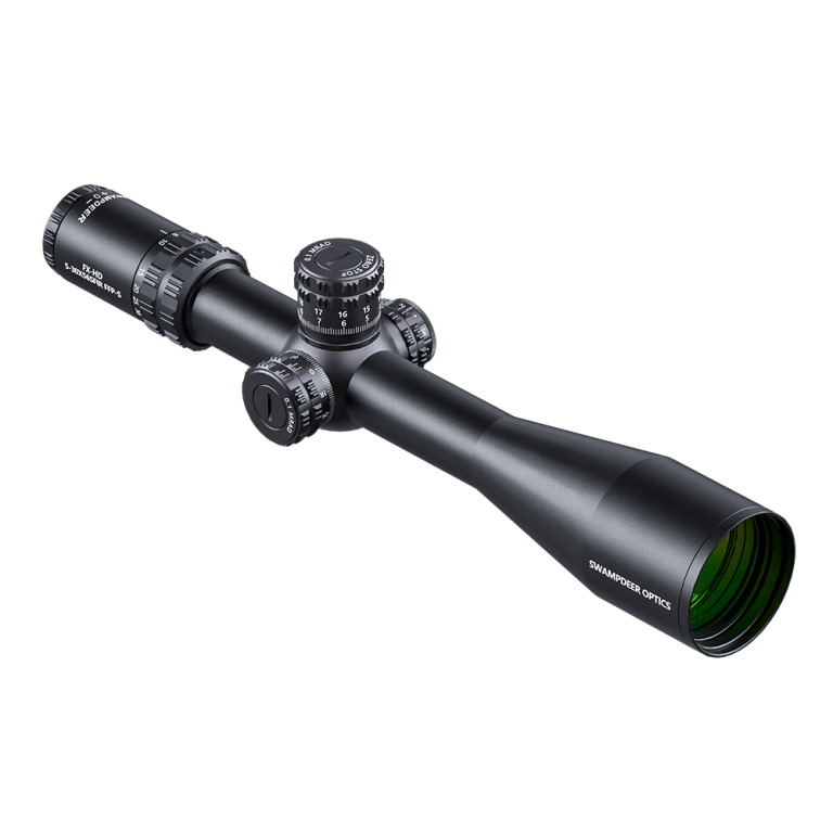Matte black riflescope with side and top adjustment knobs and green front objective