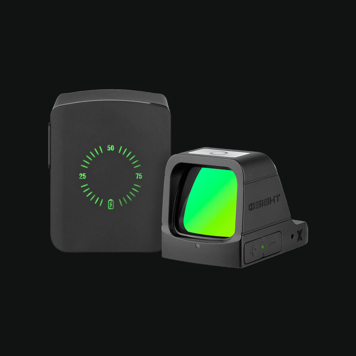 Black multi-reticle red dot sight with green illuminated reticle window