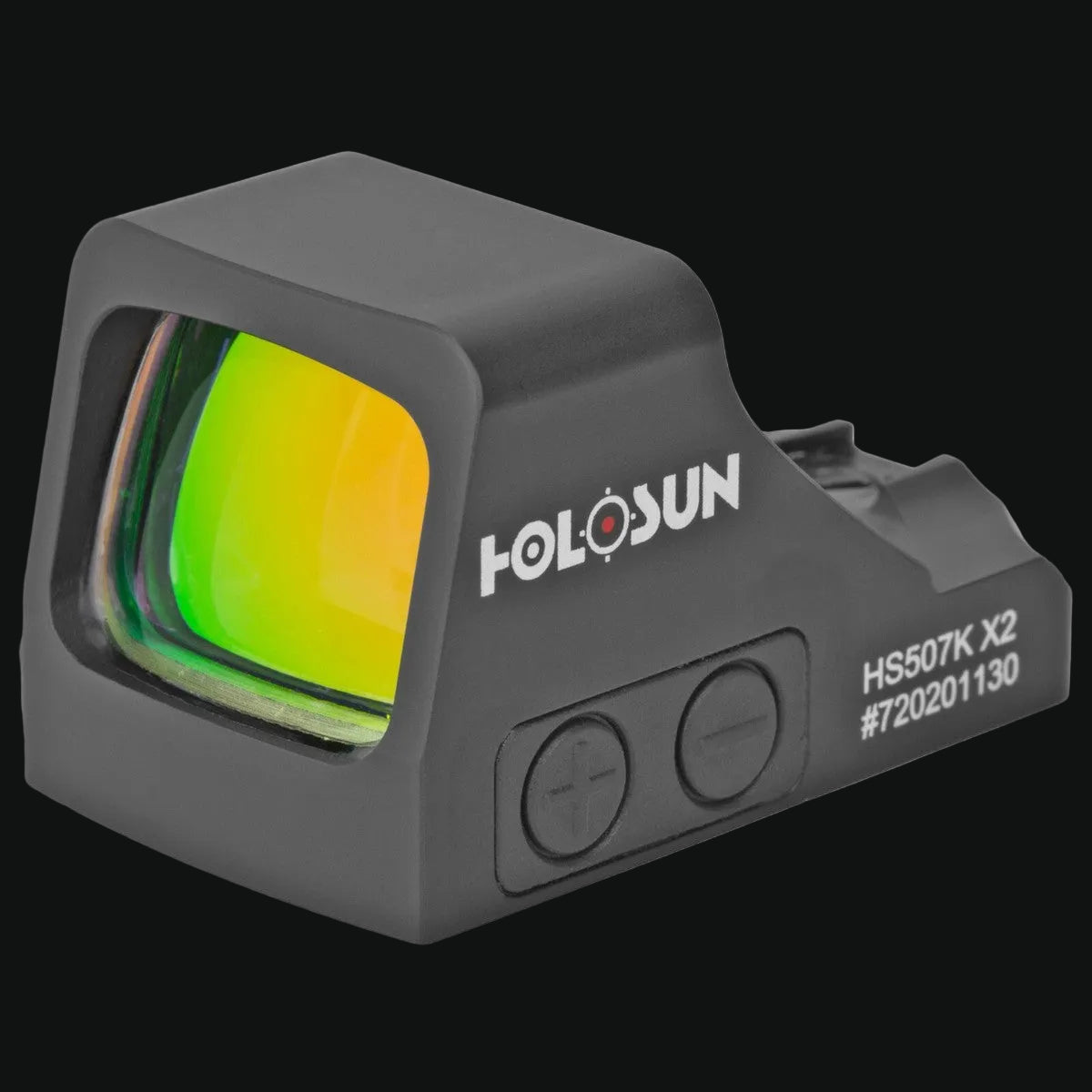 Holosun HS507K X2 holographic sight, side view with adjustment buttons and logo
