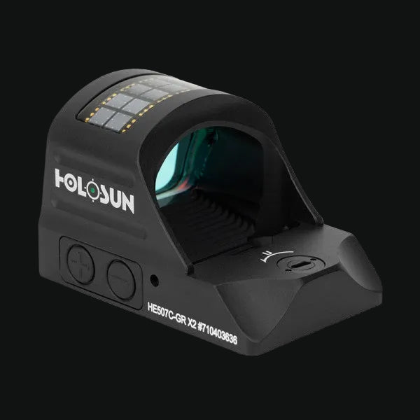 Holosun green circle-dot reflex sight with solar panel, side view