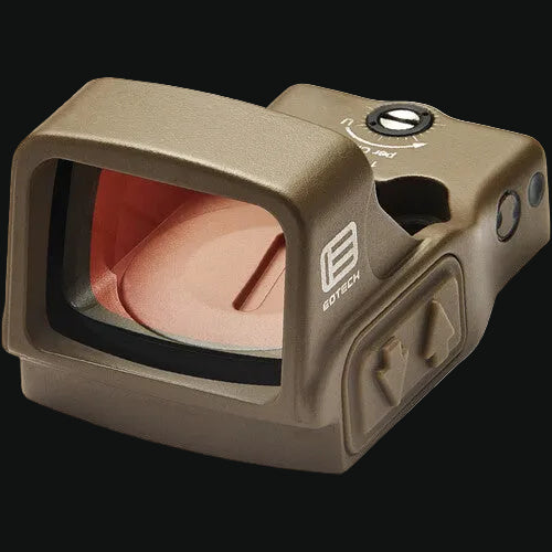 EOTech EFLX mini red dot sight, tan housing with tinted front lens window and arrow dial