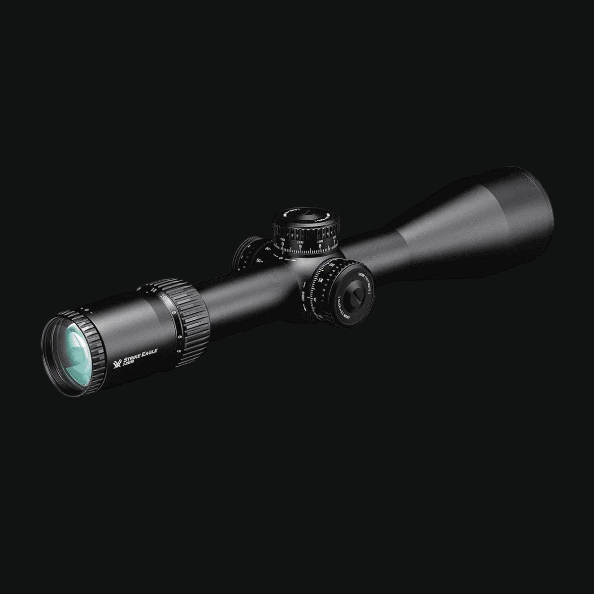 Long-range riflescope with matte black finish, turret knobs, and large front lens