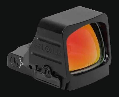 Holosun red dot sight with red lens and black housing, side adjustment buttons