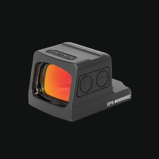 Holosun red dot sight with red window, matte black body and side control dials