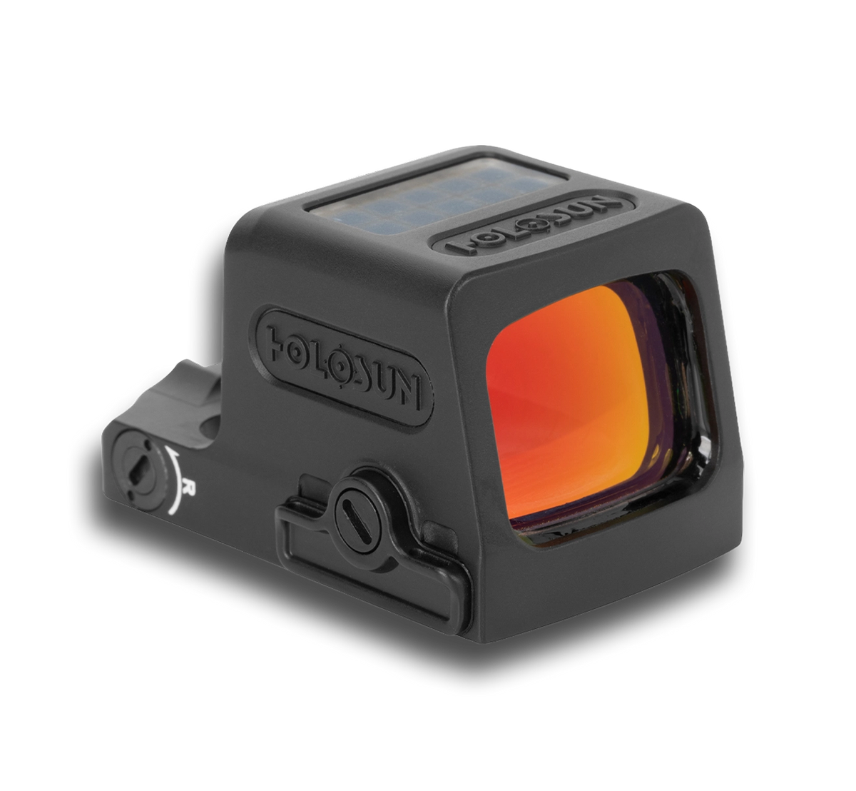 Holosun enclosed reflex sight with orange-tinted window and rugged black housing