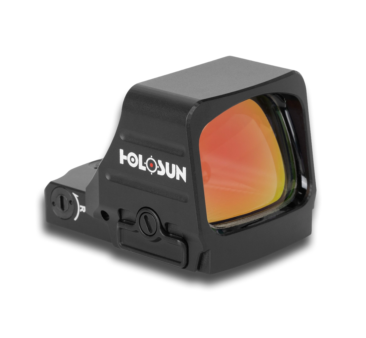 Holosun reflex sight with red multi-reticle window and black housing, side adjustment knobs
