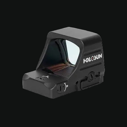 Holosun reflex sight, black mount base with adjustment dial and protective hood, angled view