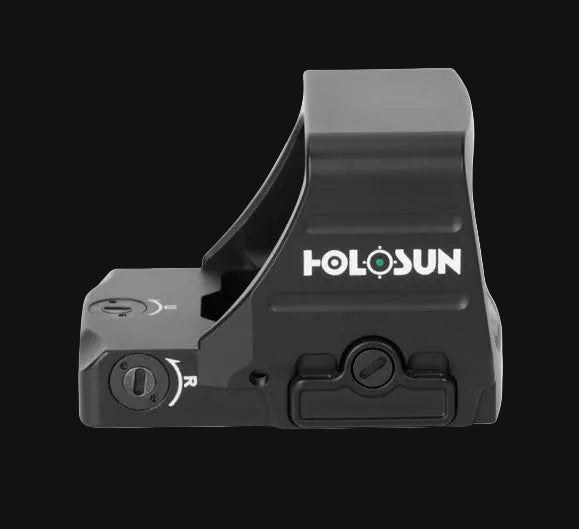 Holosun red dot sight side view with control buttons and lens, dark gray body