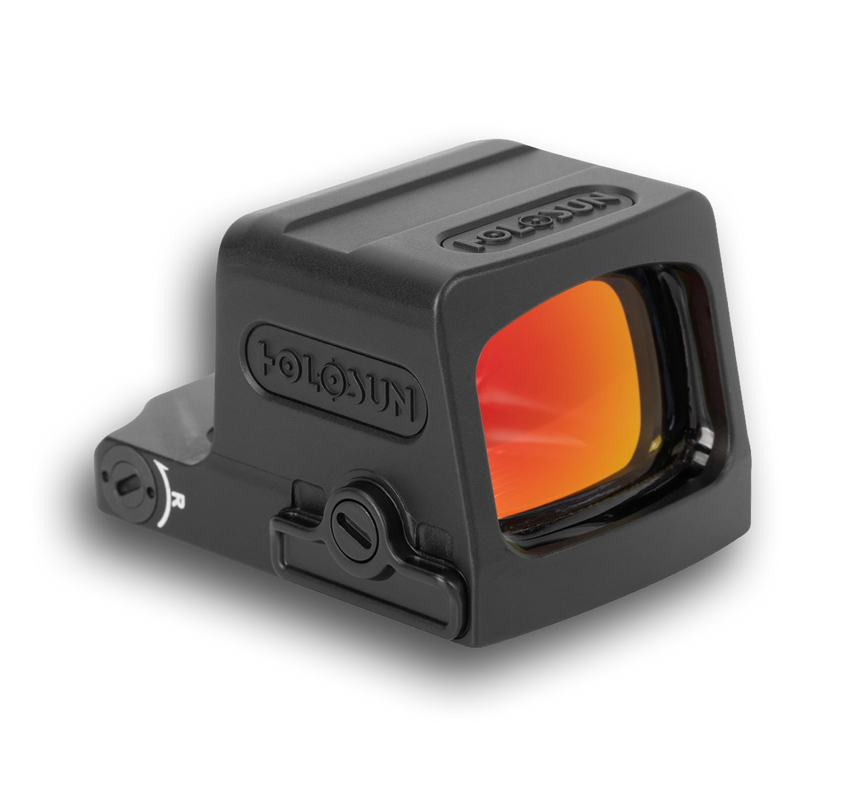 Enclosed red dot sight with orange lens and black housing.