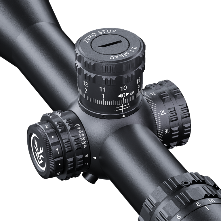 Close-up of black riflescope zero-stop turret and windage/elevation adjustment knobs