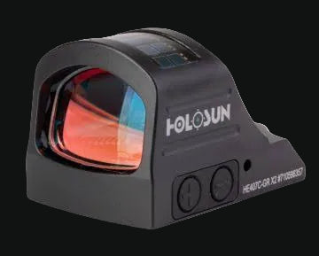 Black Holosun red dot sight with red-orange circle reticle, side buttons, and lens