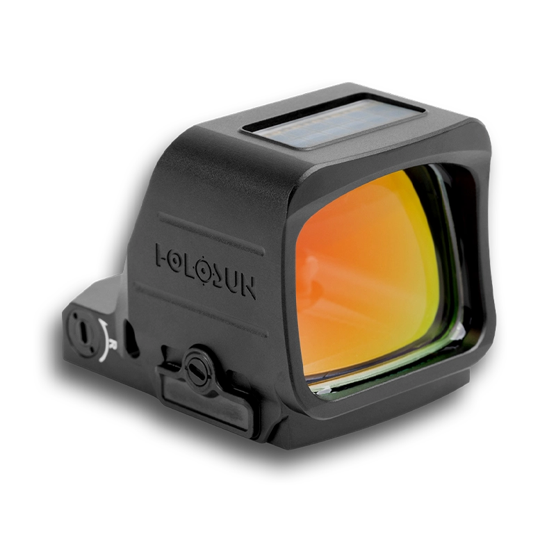 Holosun red-dot reticle sight with amber glass lens in dark housing