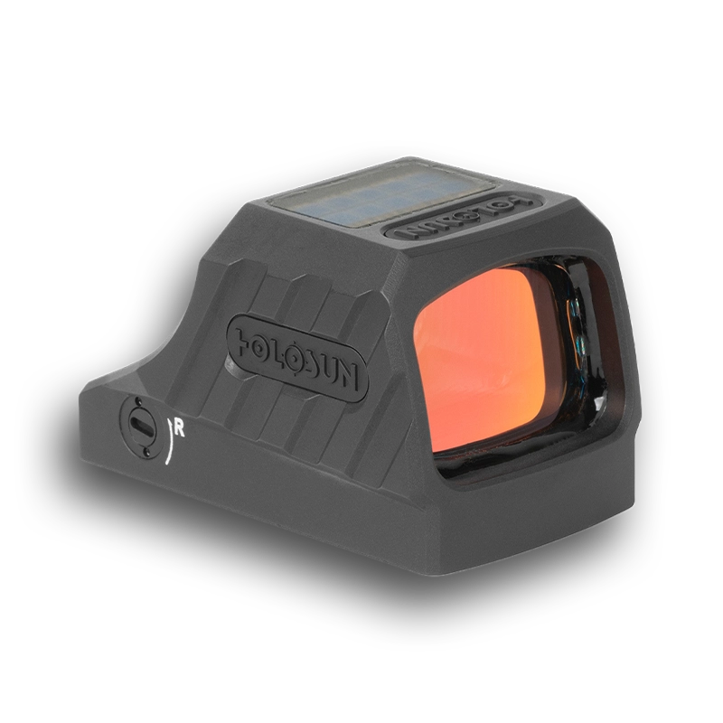 Holosun red dot sight with dark gray housing and bright illuminated reticle window