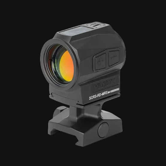 Holosun red dot rifle sight with side adjustment controls and orange lens glow, black