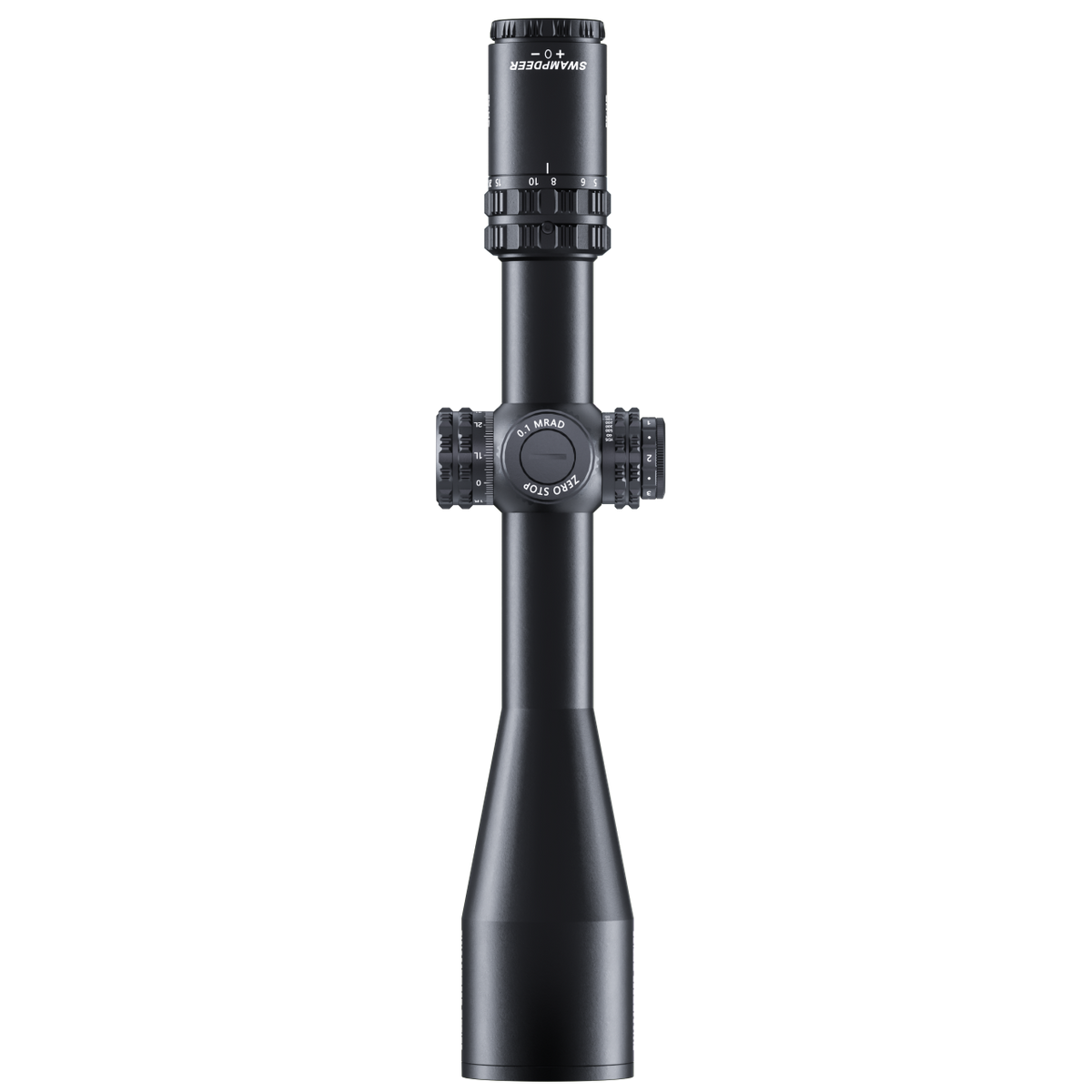 Black riflescope with capped turrets and large front objective lens
