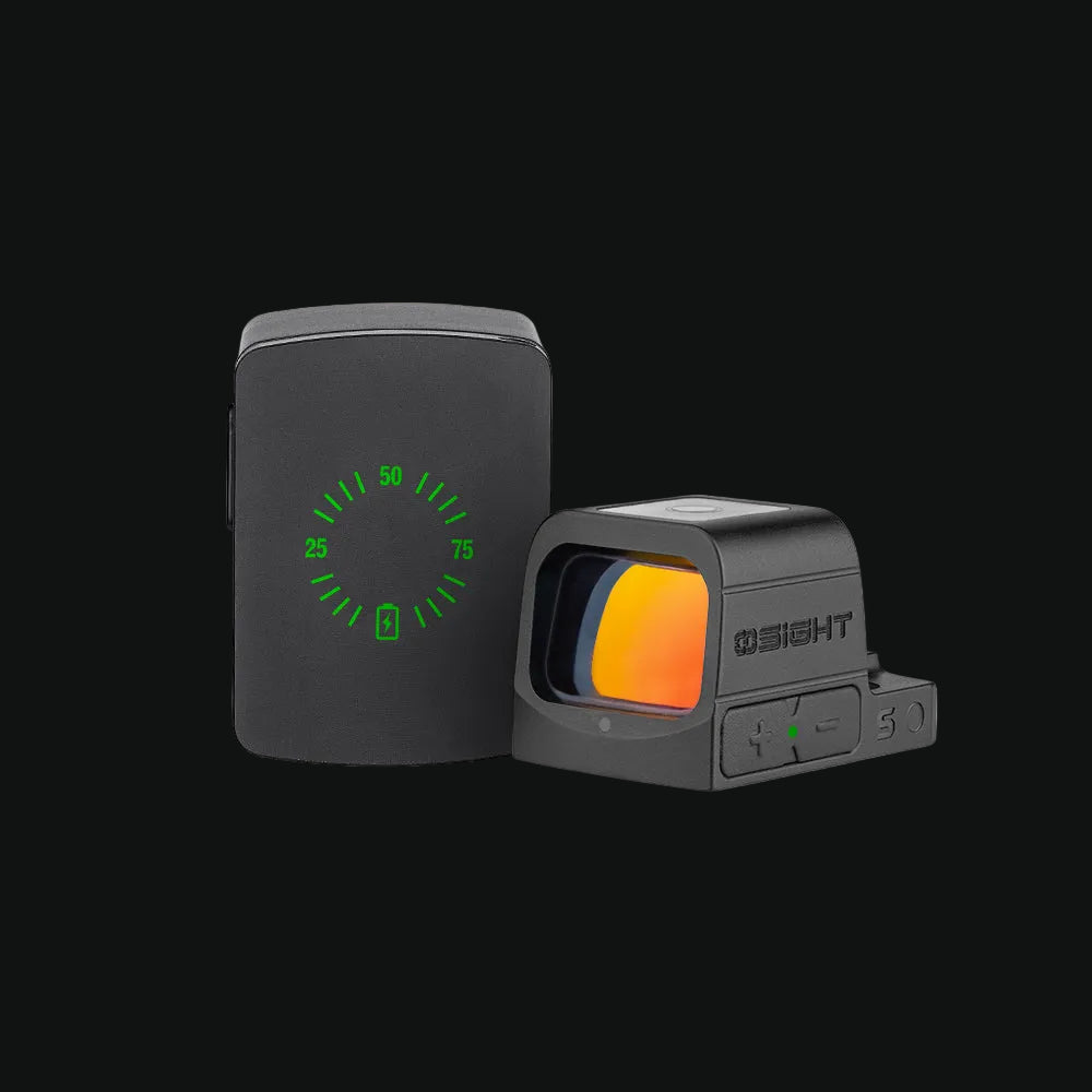Olight Osight red dot sight with orange lens and RMSc-style enclosed housing, plus case