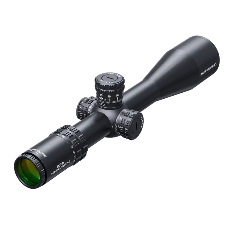 Matte black riflescope with turret adjustment dials and green front objective lens