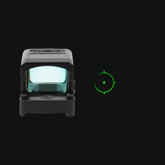 Black reflex sight displaying green circle-dot reticle through window