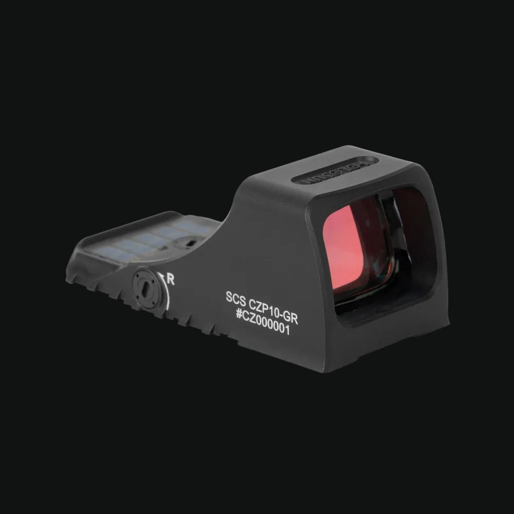 Solar reflex sight angled view with red dot in window