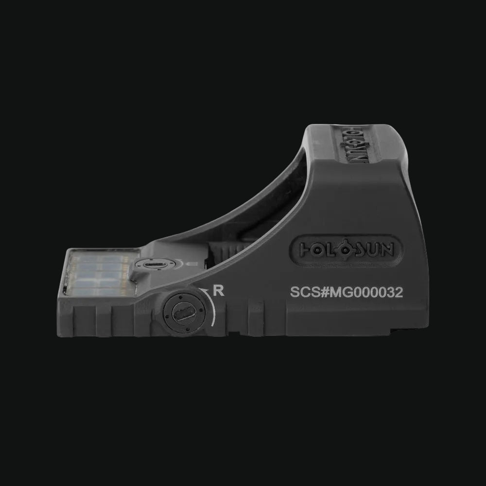 Black reflex sight side view with dial knob, 'R' label, and MOS housing