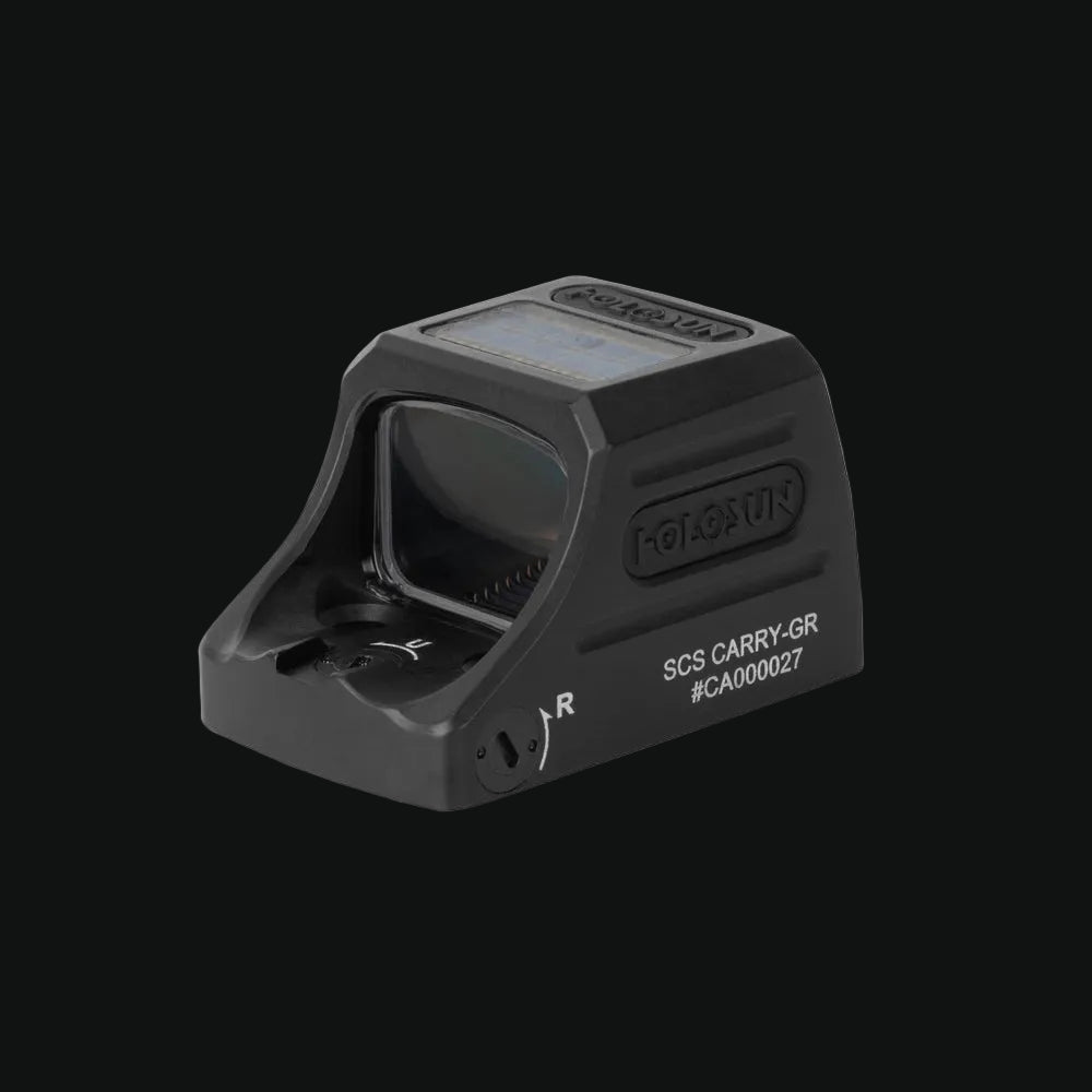 Holosun SCS Carry-GR reflex sight angled view, black housing and side controls