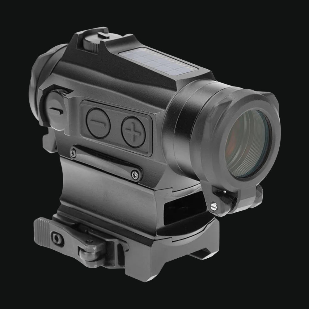 Holosun circle dot sight showing side buttons and adjustable mount