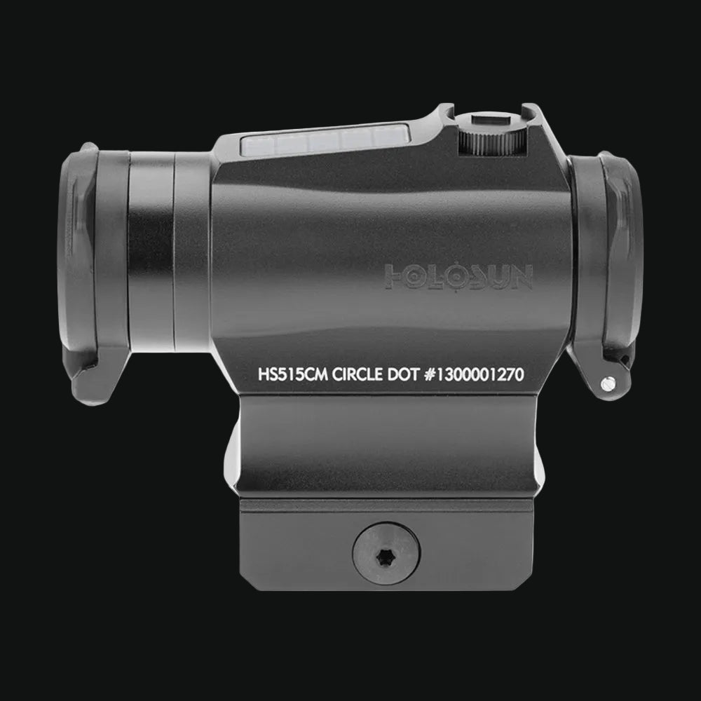 Holosun circle dot sight with solar panel, side profile on QD mount base