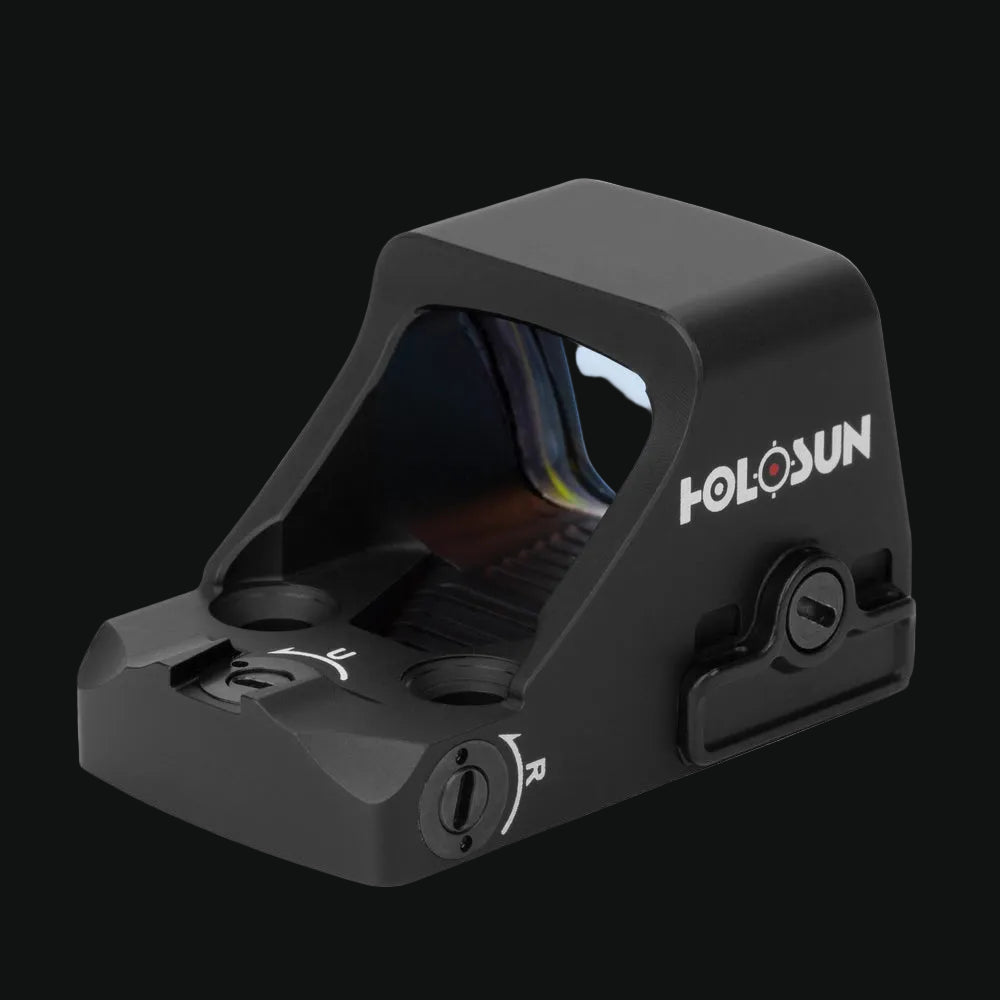 Holosun HE407K-X2 green reflex dot sight, front hood and side adjustment knobs