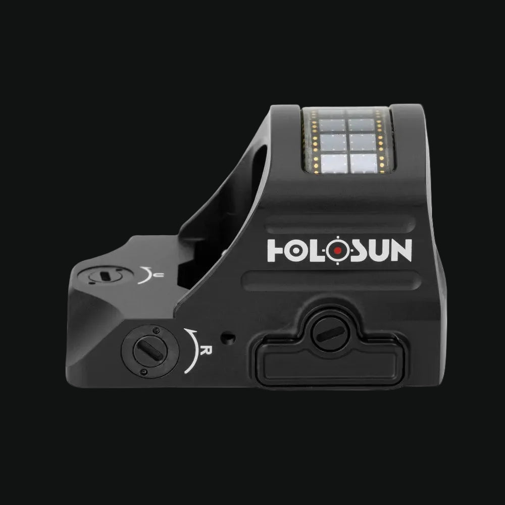 Holosun HS407C X2 red dot sight, top view with control buttons and adjustment