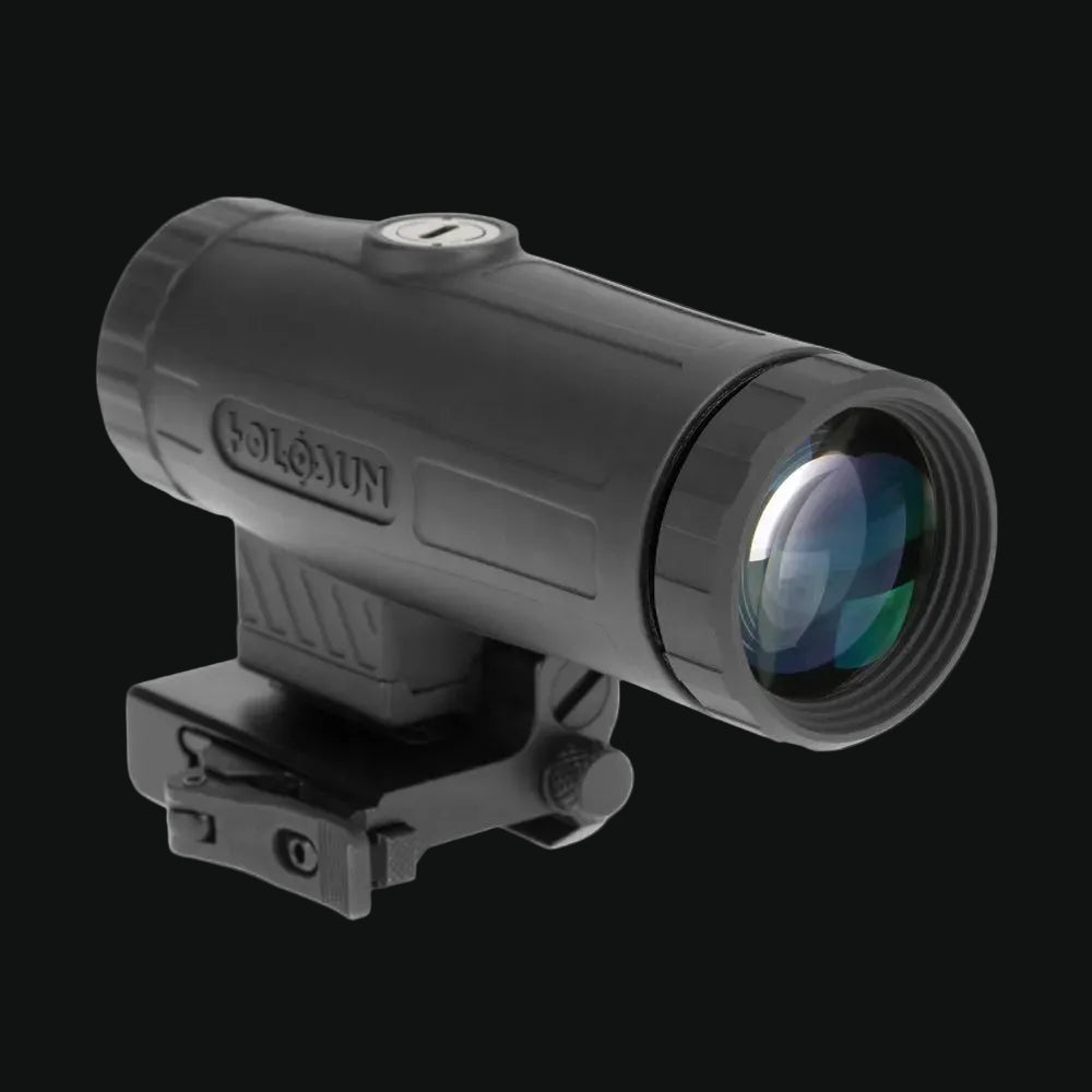 Holosun HM3X 3x magnifier front lens on flip-to-side mount, cylindrical body