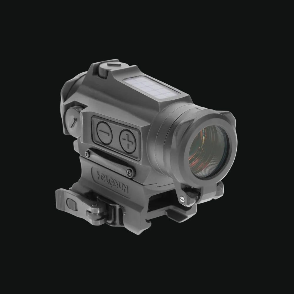 Holosun red dot reflex sight, matte gray, front view with glass objective lens