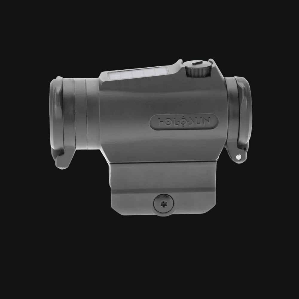Holosun red dot reflex sight, matte gray, side view with top adjustment knob