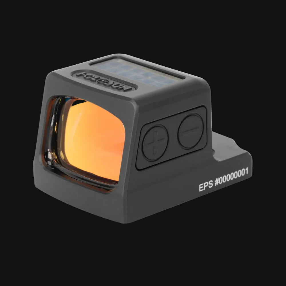 Holosun enclosed red dot sight with top window and right-side controls, orange lens